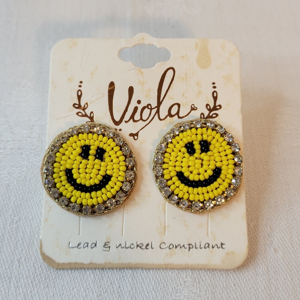 VTG NOS: Viola Yellow Smiley Face Earrings